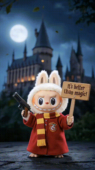 Labubu Holding A Sign And Shooting At The Gate Of Magic Academy