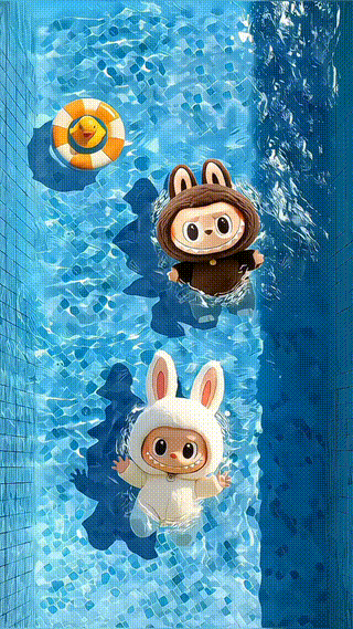 Two Labubus Taking A Bath In Swimming Pool