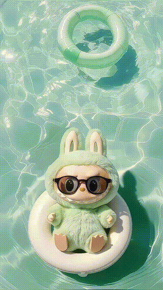 Green Labubu Playing In Swimming Pool With Lifebuoy