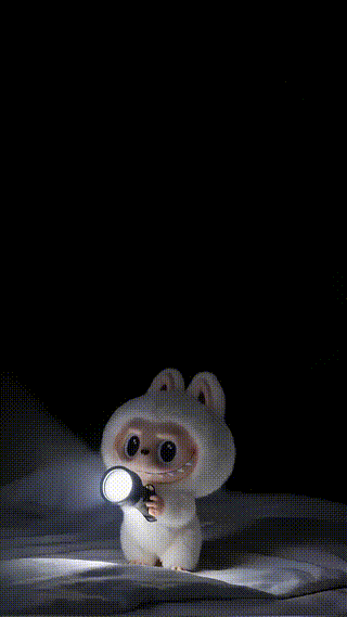 White Labubu Holding Flashlight At Midnight