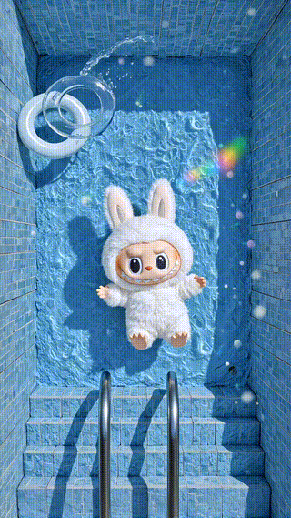 White Labubu Playing In Swimming Pool At Noon